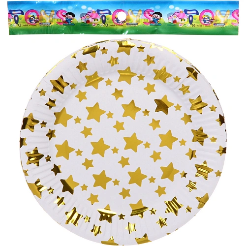 Тарелка бумажная 18 см в наборе 10 шт Звездное синяие, золото_4