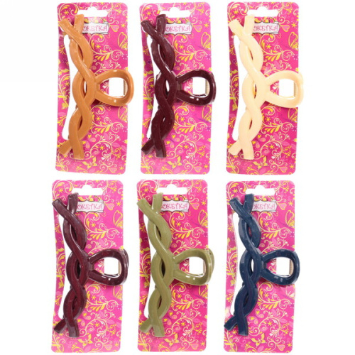 Заколка-краб для волос  на блистере "Magic Gloss", косичка, микс 6 цветов, 11см 