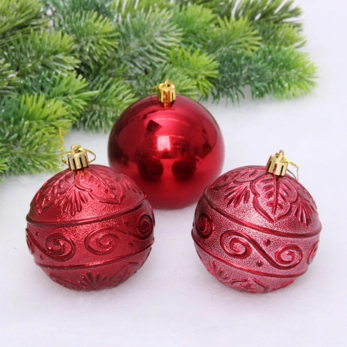 Новогодние шары 8 см (набор 3 шт) "Микс фактур", темный рубин