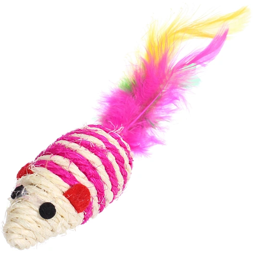Игрушка - мышка для кошек ЦЕПКИЕ ЛАПКИ, канатная с пёрышками, микс 3 цвета, 73,5см (пакет с хедером)_7