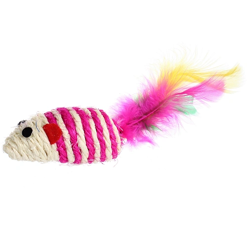 Игрушка - мышка для кошек ЦЕПКИЕ ЛАПКИ, канатная с пёрышками, микс 3 цвета, 73,5см (пакет с хедером)_8