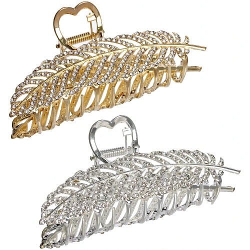 Заколка-краб для волос "AKS - DesignPRO", перо, цвет золото и хром, 11*5см