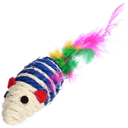 Игрушка - мышка для кошек ЦЕПКИЕ ЛАПКИ, канатная с пёрышками, микс 3 цвета, 73,5см (пакет с хедером)_3