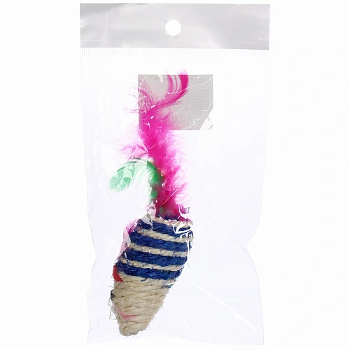 Игрушка - мышка для кошек ЦЕПКИЕ ЛАПКИ, канатная с пёрышками, микс 3 цвета, 73,5см (пакет с хедером)_11