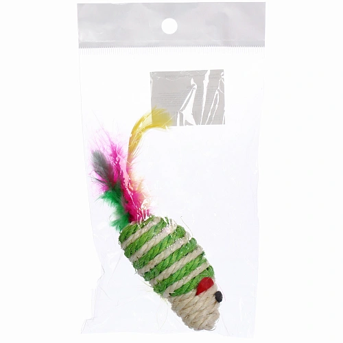 Игрушка - мышка для кошек ЦЕПКИЕ ЛАПКИ, канатная с пёрышками, микс 3 цвета, 73,5см (пакет с хедером)_9