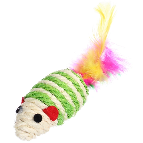 Игрушка - мышка для кошек ЦЕПКИЕ ЛАПКИ, канатная с пёрышками, микс 3 цвета, 73,5см (пакет с хедером)_5