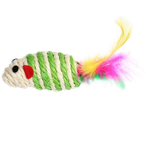 Игрушка - мышка для кошек ЦЕПКИЕ ЛАПКИ, канатная с пёрышками, микс 3 цвета, 73,5см (пакет с хедером)_6